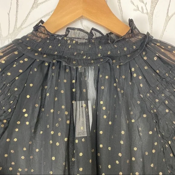 LOFT Sheer Black & Gold Dot Peasant Blouse Ruffle - Picture 5 of 8